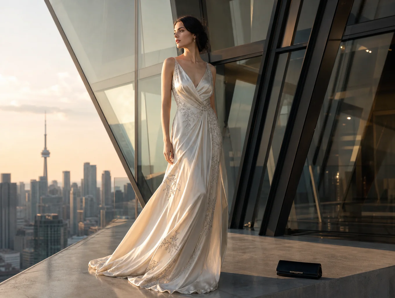 Model wearing signature VESTA silk dress in urban setting